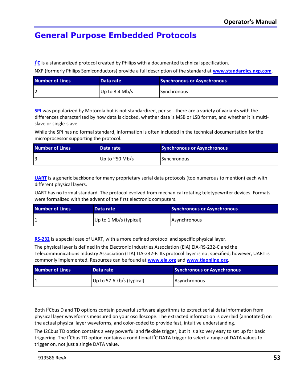General purpose embedded protocols, General purpose embedded protocols overview, Uart | Rs-232, Using the i2cbus option, Using the i, Cbus option overview, Operator's manual | Teledyne LeCroy Serial Data Debug Solutions User Manual | Page 53 / 204