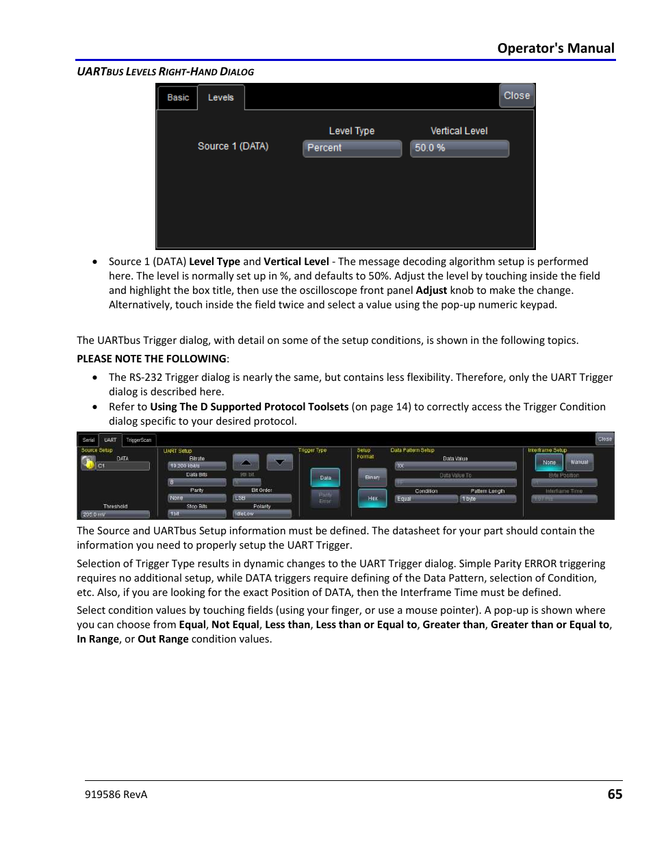 Creating a uart-rs232bus trigger condition, Operator's manual | Teledyne LeCroy Serial Data Debug Solutions User Manual | Page 65 / 204