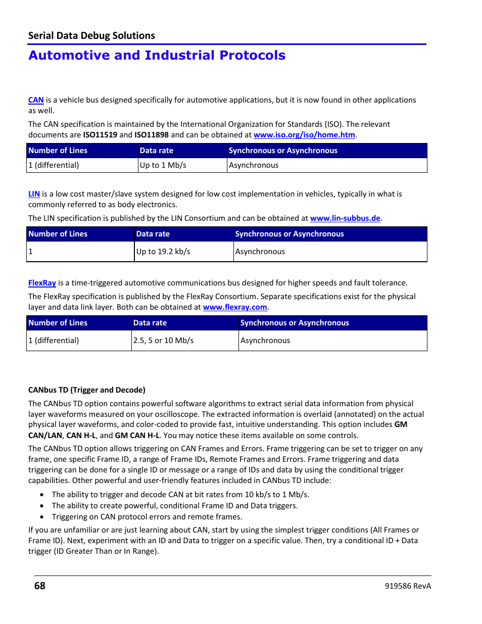 Automotive and industrial protocols, Automotive and industrial protocols overview, Flexray | Using the canbus option, Using the canbus option overview, Serial data debug solutions 68 | Teledyne LeCroy Serial Data Debug Solutions User Manual | Page 68 / 204