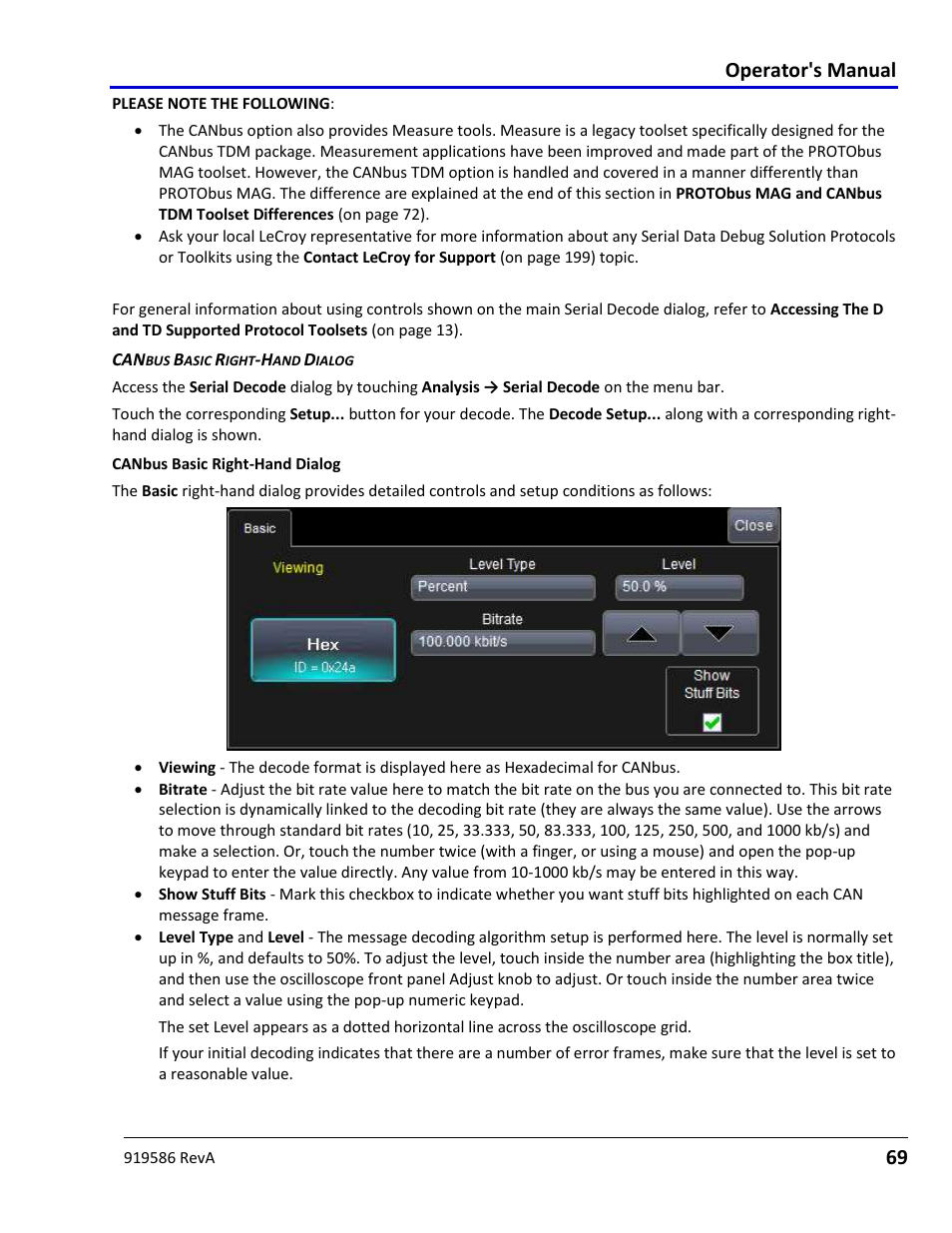 Canbus decode setup detail, Operator's manual | Teledyne LeCroy Serial Data Debug Solutions User Manual | Page 69 / 204