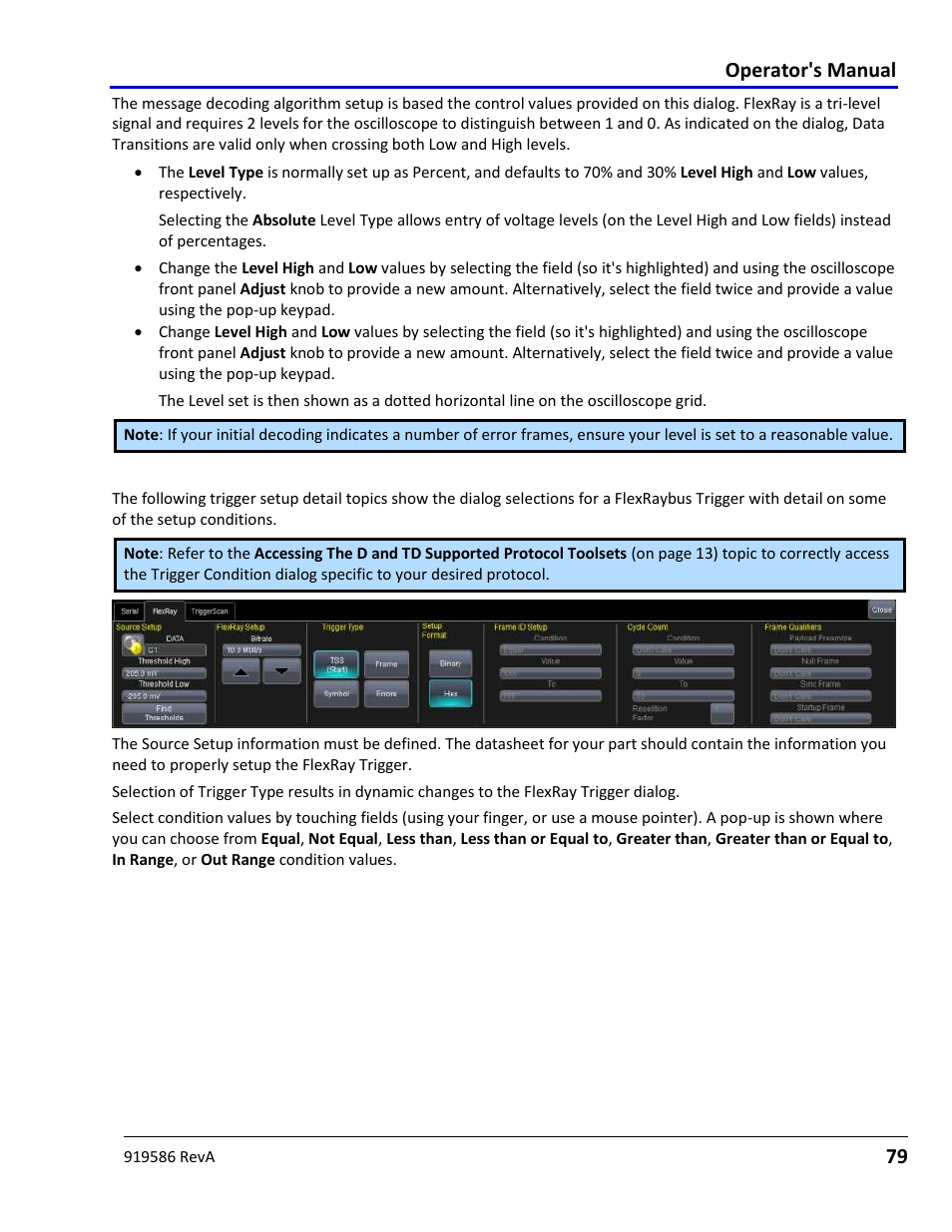 Creating a flexraybus trigger condition, Operator's manual | Teledyne LeCroy Serial Data Debug Solutions User Manual | Page 79 / 204