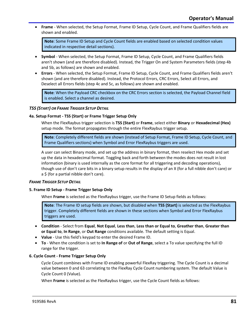 Setup format, Frame id setup, Cycle count | System parameters, Operator's manual | Teledyne LeCroy Serial Data Debug Solutions User Manual | Page 81 / 204