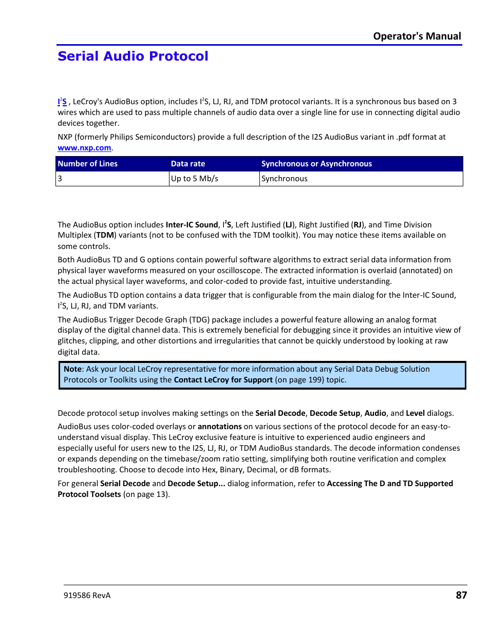 Serial audio protocol, Serial audio protocol overview, Using the audiobus option | Using the audiobus option overview, Audiobus decode setup detail, Operator's manual | Teledyne LeCroy Serial Data Debug Solutions User Manual | Page 87 / 204