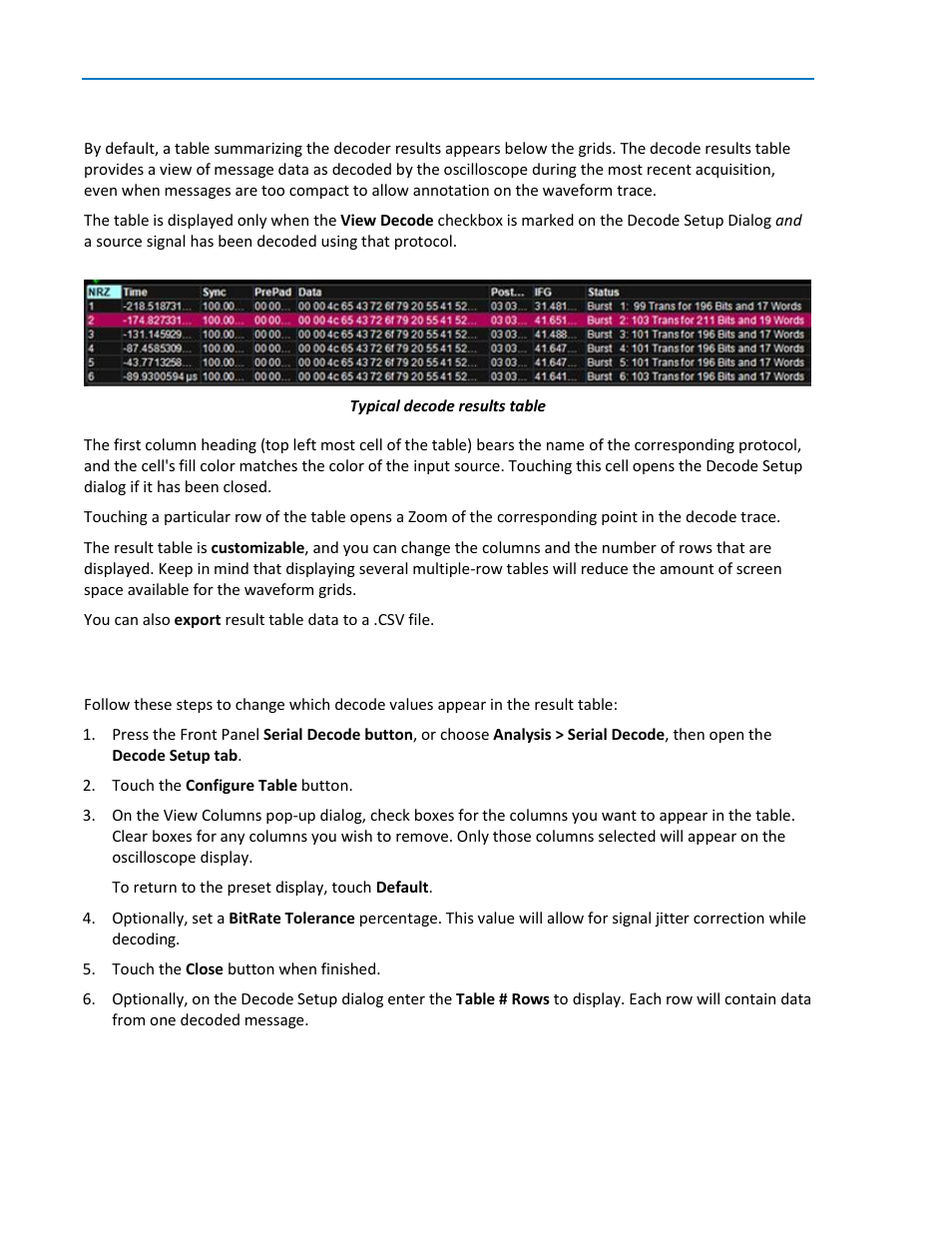 Working with the results table, Customize decode result table, Result table | Teledyne LeCroy Line Code and Symbolic Decoders User Manual | Page 16 / 20