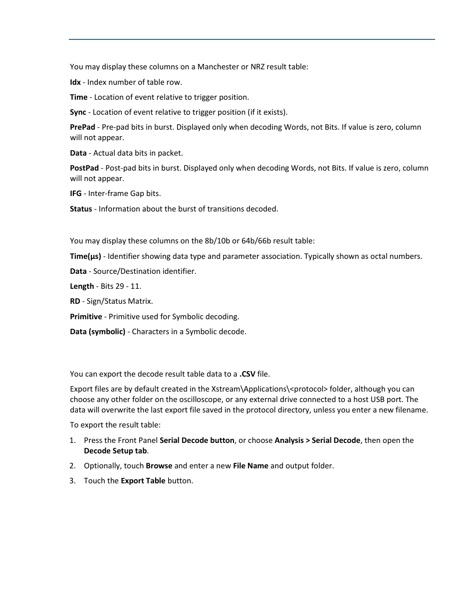 Export decode result table, Manchester/nrz table columns | Teledyne LeCroy Line Code and Symbolic Decoders User Manual | Page 17 / 20