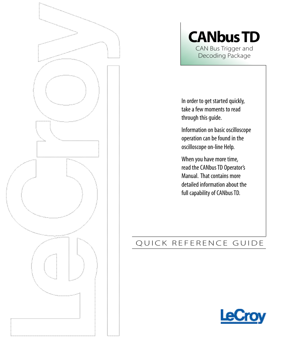 Teledyne LeCroy CANbus TD - Quick Reference Guide User Manual | 8 pages