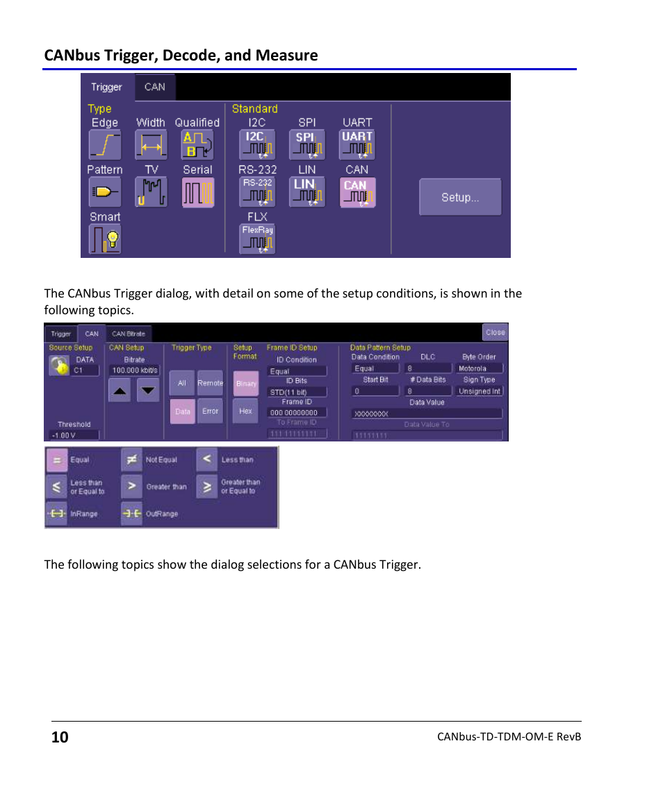 Creating a canbus trigger condition, Canbus trigger setup detail, Canbus trigger, decode, and measure | Teledyne LeCroy CANbus TD and CANbus TDM - Operators Manual User Manual | Page 10 / 69