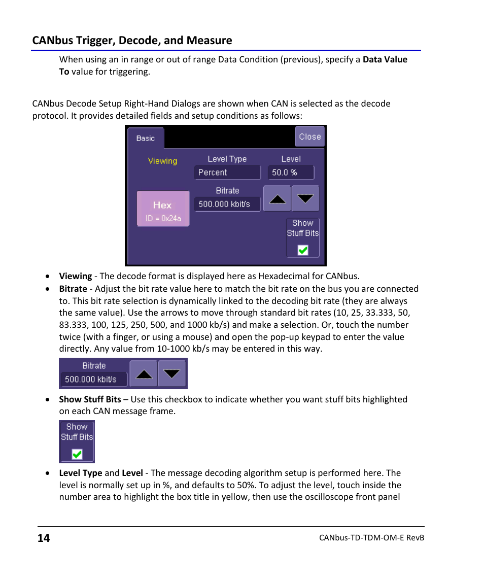 Canbus decode setup detail, Canbus trigger, decode, and measure | Teledyne LeCroy CANbus TD and CANbus TDM - Operators Manual User Manual | Page 14 / 69