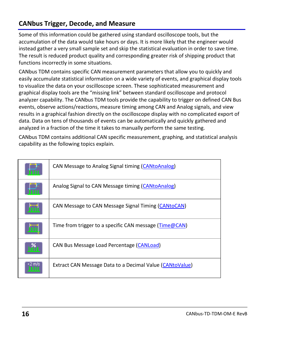 Canbus tdm parameters, Canbus trigger, decode, and measure | Teledyne LeCroy CANbus TD and CANbus TDM - Operators Manual User Manual | Page 16 / 69