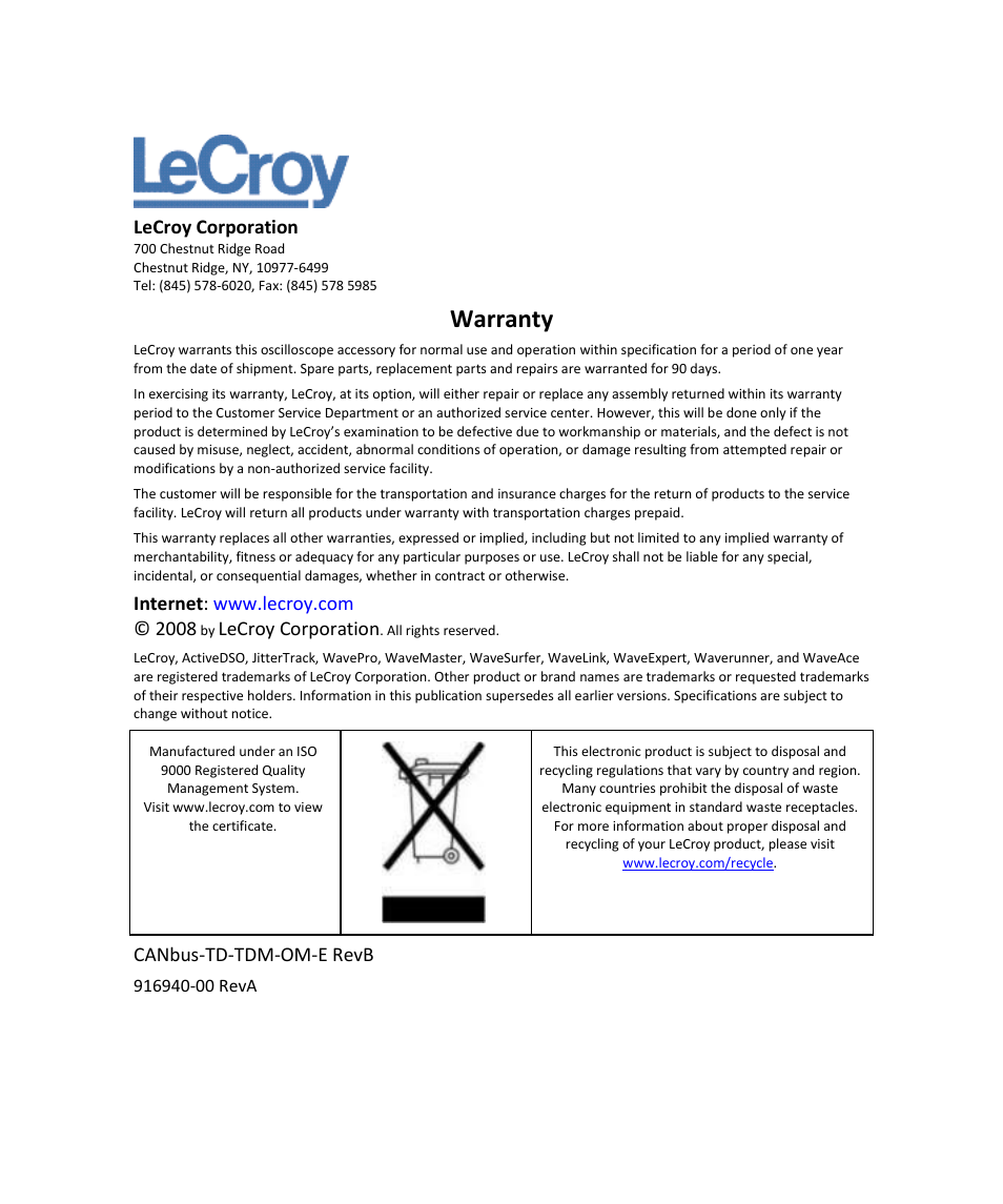 Warranty | Teledyne LeCroy CANbus TD and CANbus TDM - Operators Manual User Manual | Page 2 / 69