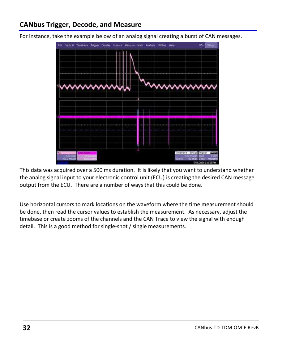 Using cursors, Canbus trigger, decode, and measure | Teledyne LeCroy CANbus TD and CANbus TDM - Operators Manual User Manual | Page 32 / 69