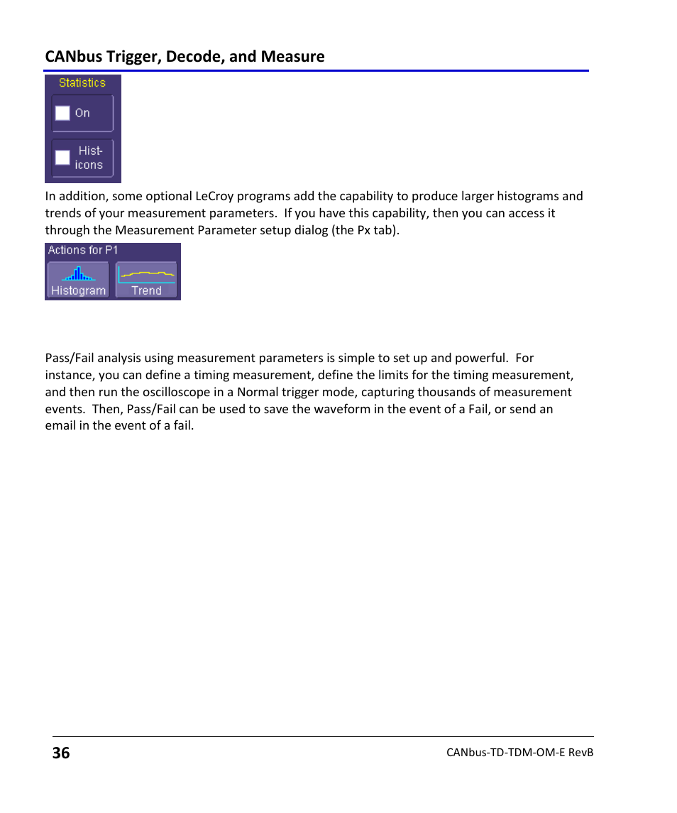 Pass/fail analysis with measurement parameters, Canbus trigger, decode, and measure | Teledyne LeCroy CANbus TD and CANbus TDM - Operators Manual User Manual | Page 36 / 69