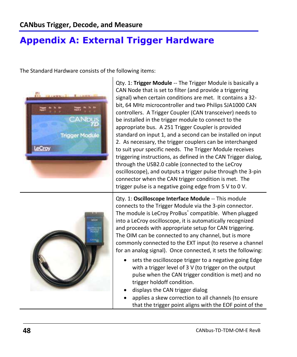 Appendix a: external trigger hardware, Canbus td standard hardware, Canbus trigger, decode, and measure | Teledyne LeCroy CANbus TD and CANbus TDM - Operators Manual User Manual | Page 48 / 69