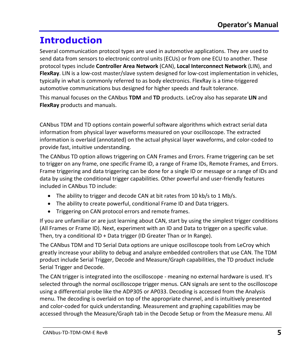 Introduction, Overview, Operator's manual | Teledyne LeCroy CANbus TD and CANbus TDM - Operators Manual User Manual | Page 5 / 69