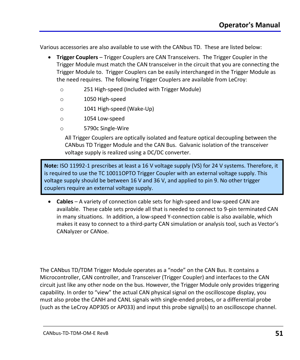 Accessories, Connecting to a canbus circuit, Operator's manual | Teledyne LeCroy CANbus TD and CANbus TDM - Operators Manual User Manual | Page 51 / 69