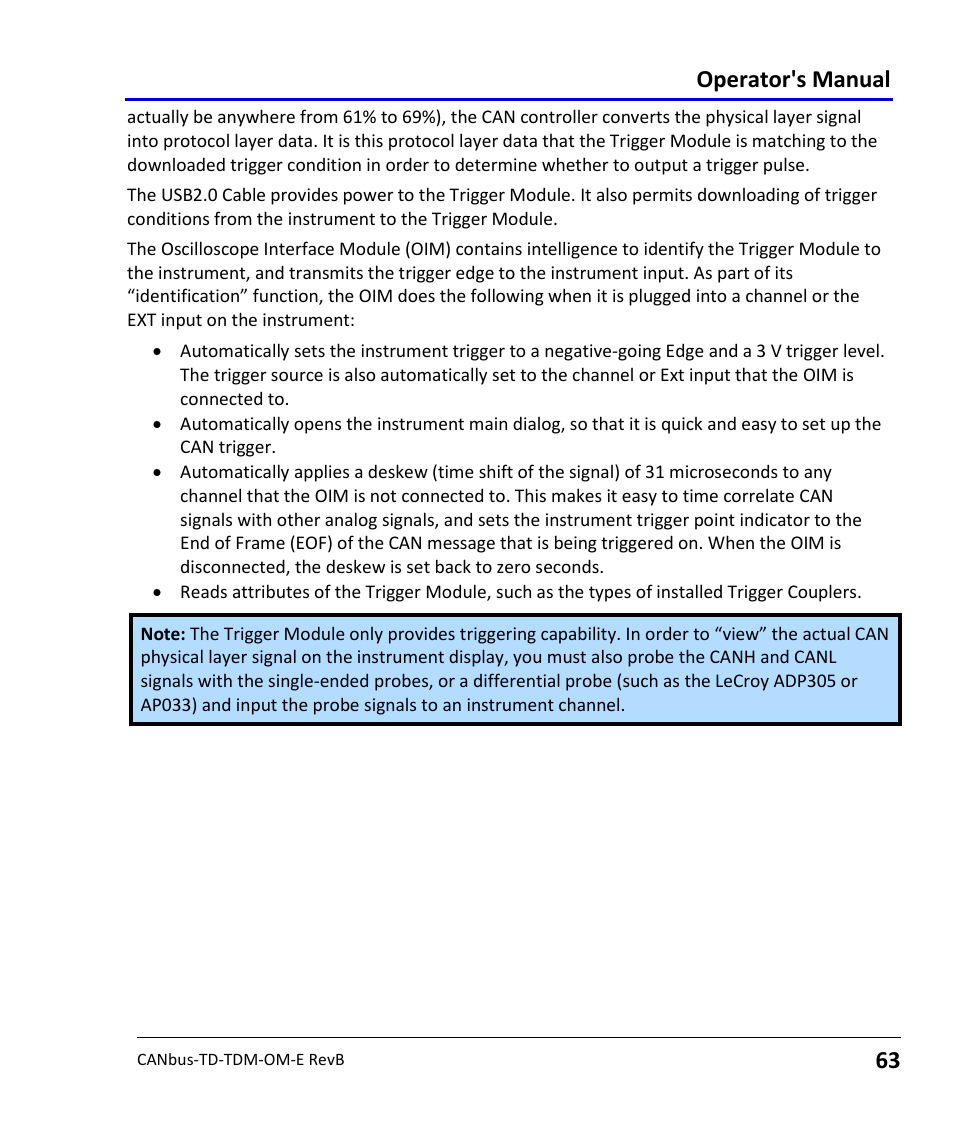 Operator's manual | Teledyne LeCroy CANbus TD and CANbus TDM - Operators Manual User Manual | Page 63 / 69