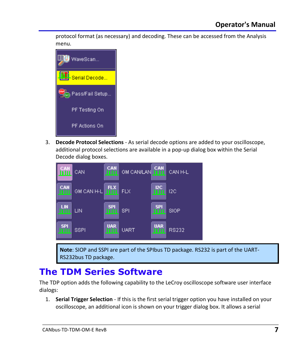 The tdm series software, Operator's manual | Teledyne LeCroy CANbus TD and CANbus TDM - Operators Manual User Manual | Page 7 / 69