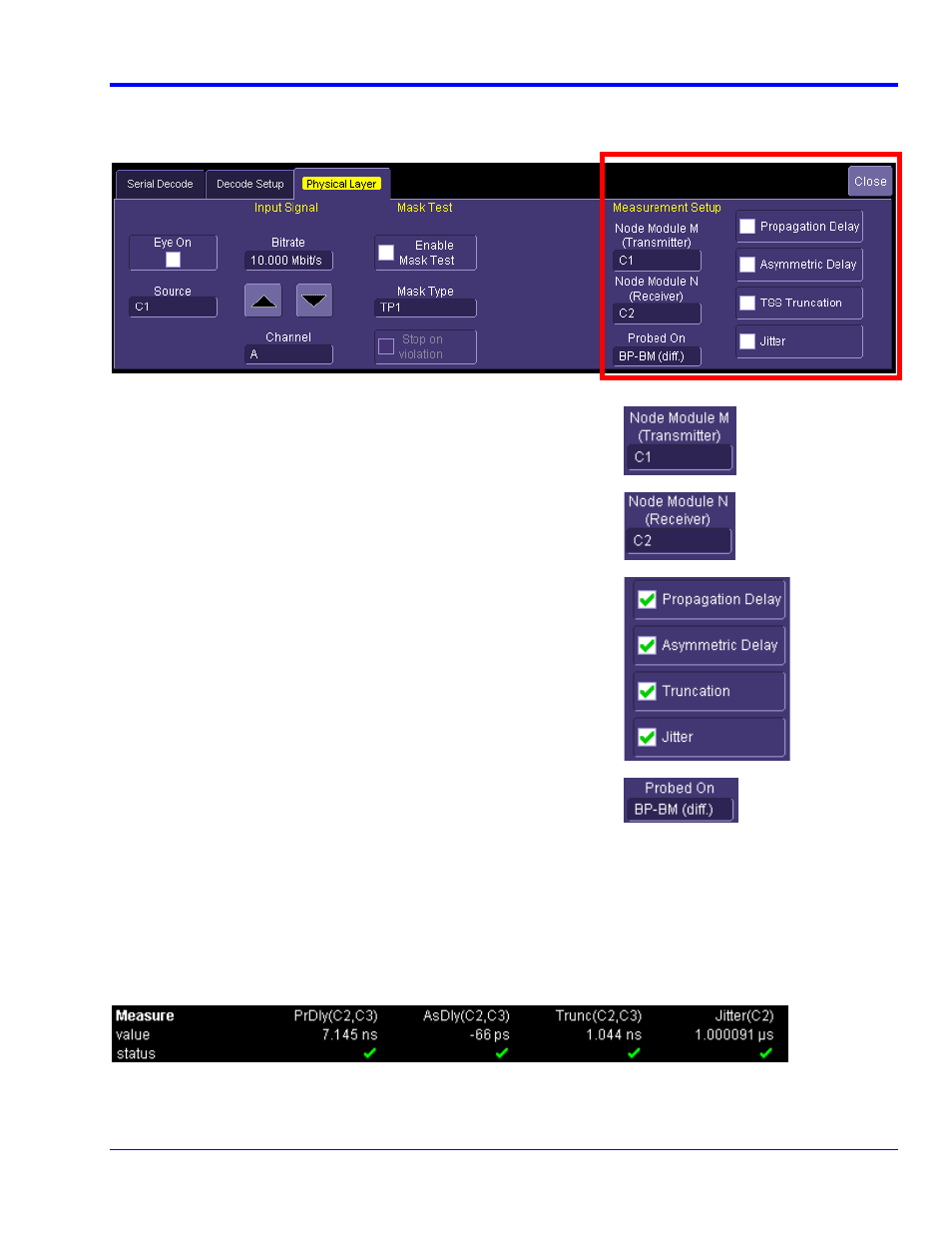 Physical layer measurement setup detail, Measurement parameter setup, Viewing the physical layer measurements | Teledyne LeCroy FlexRay Trigger, Decode and Physical Layer Test User Manual | Page 21 / 32