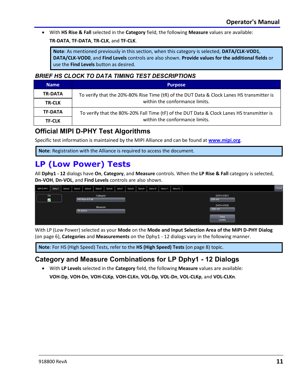 Brief hs clock to data timing test descriptions, Official mipi d-phy test algorithms, Lp (low power) tests | Brief lp levels test descriptions | Teledyne LeCroy MIPI D-PHY User Manual | Page 11 / 15