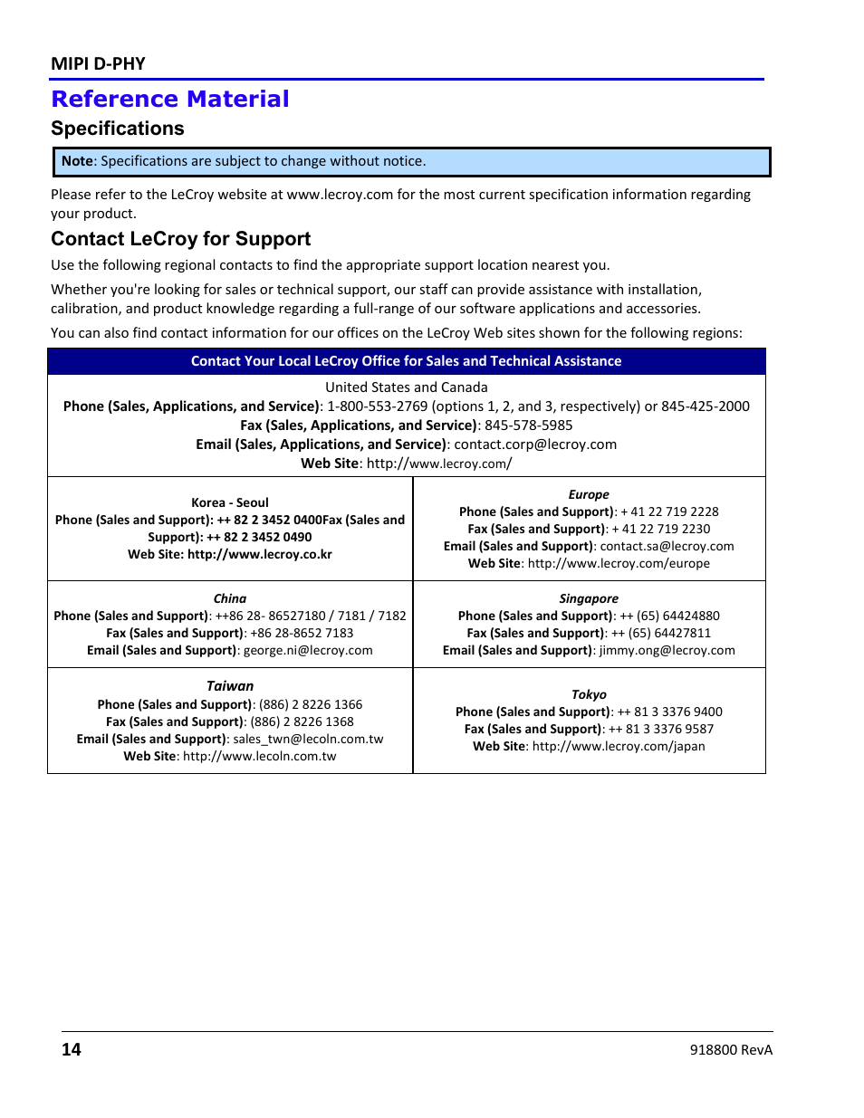 Reference material, Specifications, Contact lecroy for support | Index, Mipi d-phy | Teledyne LeCroy MIPI D-PHY User Manual | Page 14 / 15