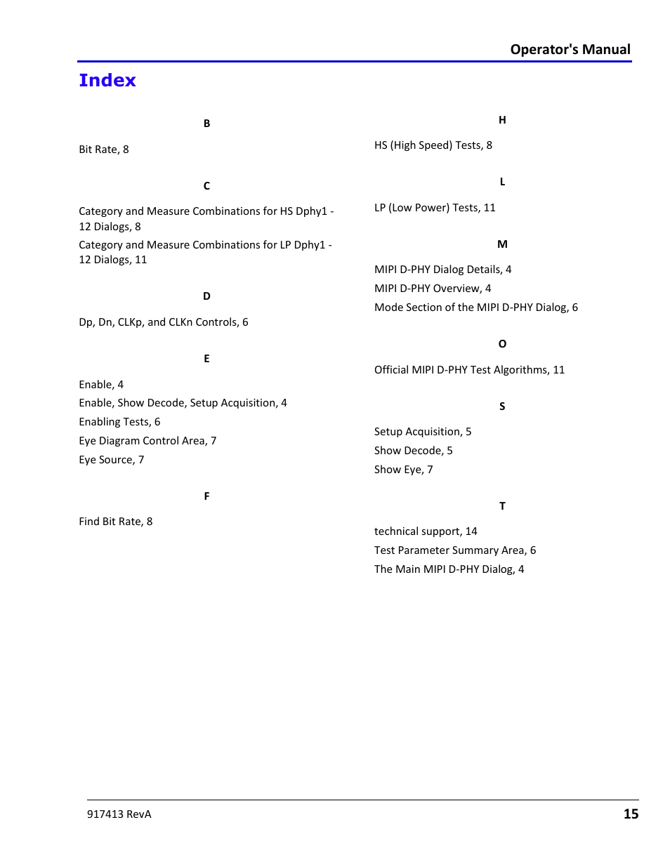 Index, Operator's manual | Teledyne LeCroy MIPI D-PHY User Manual | Page 15 / 15