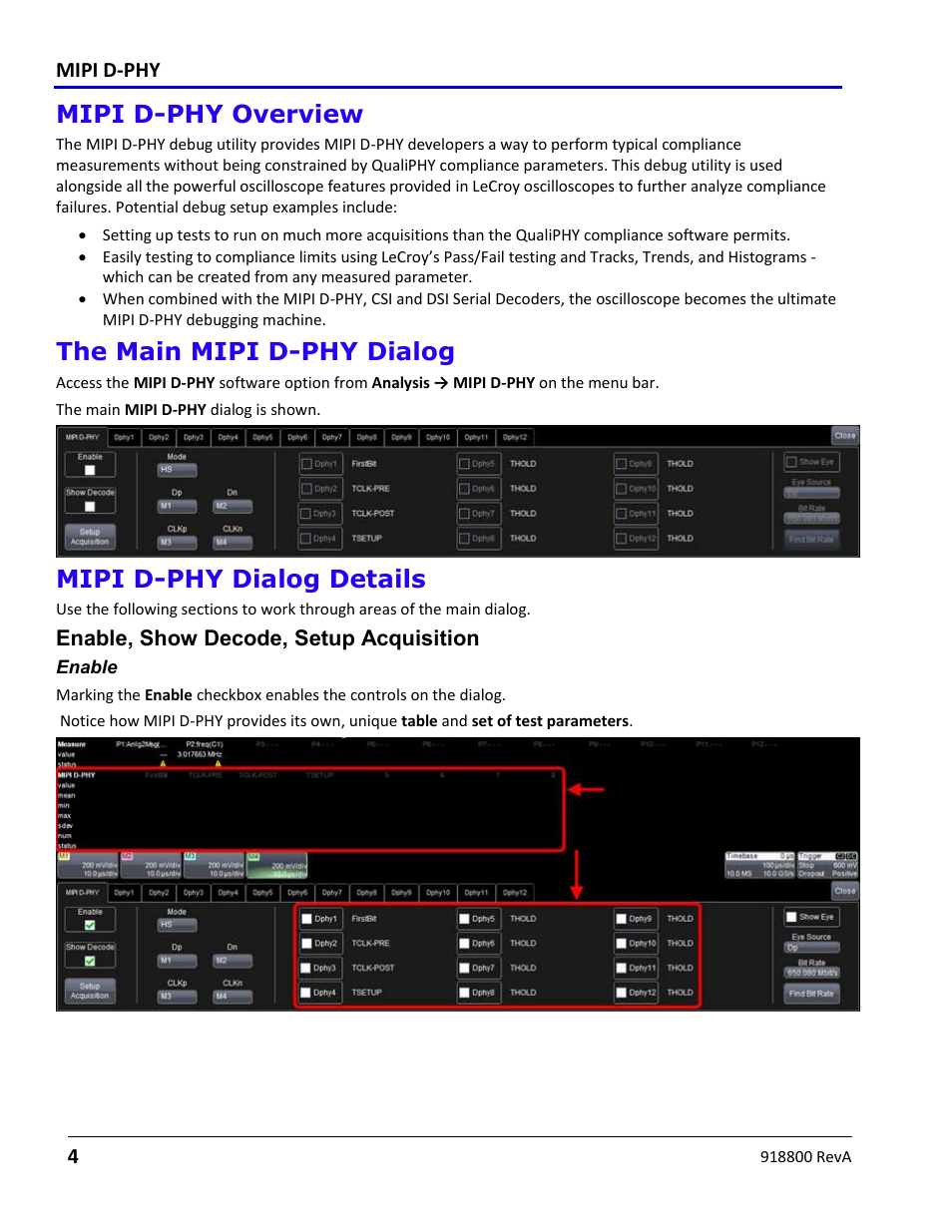 Mipi d-phy overview, The main mipi d-phy dialog, Mipi d-phy dialog details | Enable, show decode, setup acquisition, Enable | Teledyne LeCroy MIPI D-PHY User Manual | Page 4 / 15