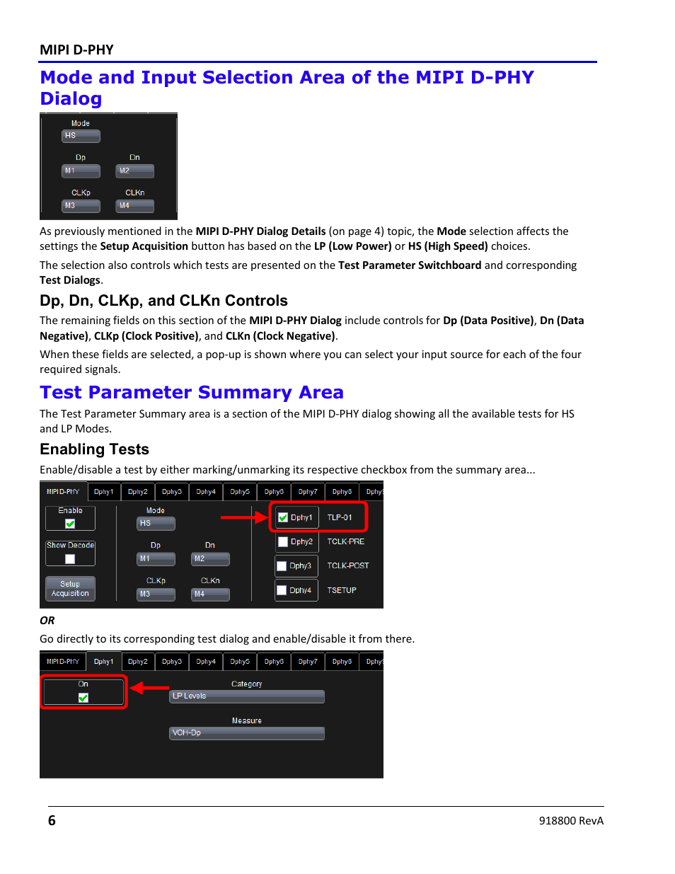 Dp, dn, clkp, and clkn controls, Test parameter summary area, Enabling tests | Teledyne LeCroy MIPI D-PHY User Manual | Page 6 / 15