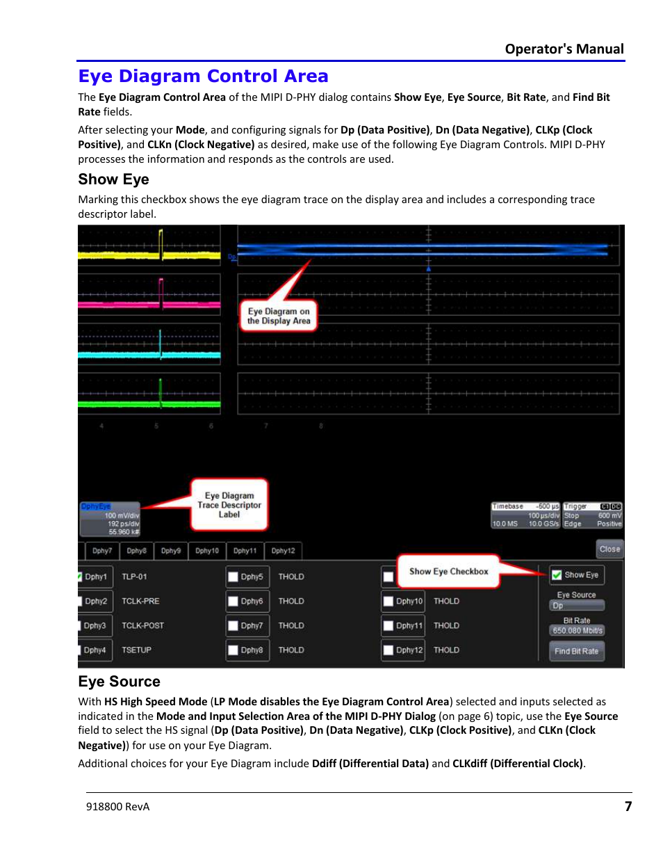 Eye diagram control area, Show eye, Eye source | Teledyne LeCroy MIPI D-PHY User Manual | Page 7 / 15