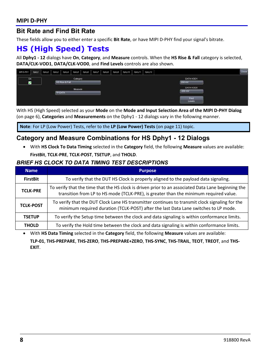 Bit rate and find bit rate, Hs (high speed) tests, Brief hs clock to data timing test descriptions | Brief hs data timing test descriptions | Teledyne LeCroy MIPI D-PHY User Manual | Page 8 / 15