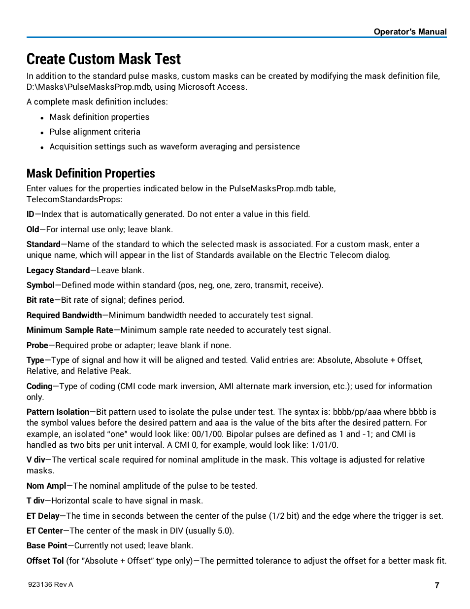 Create custom mask test, Mask definition properties | Teledyne LeCroy ET-PMT - Electrical Telecom Pulse Mask Testing User Manual | Page 9 / 11