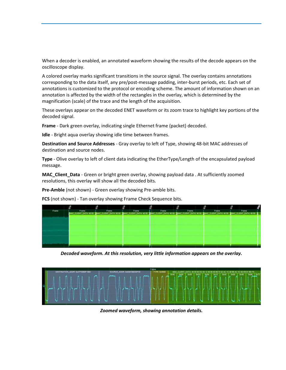 Decoded waveform, Working with the decode trace, Serial decode annotations | Teledyne LeCroy ENETbusD Decoder User Manual | Page 9 / 16