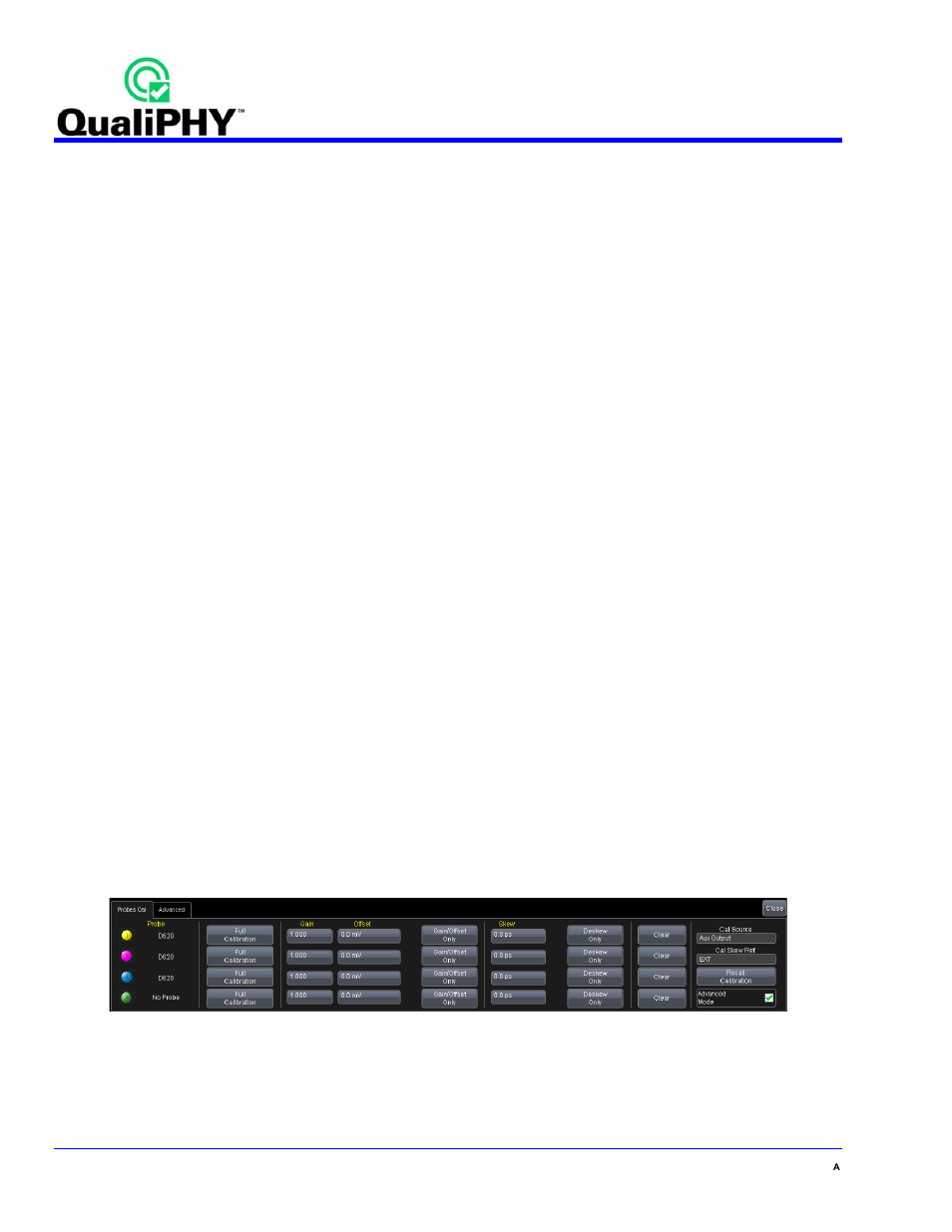 Skew, Clear, Calibration source | Calibration skew reference, Recall calibration, Advanced mode checkbox, Advanced mode probe calibration menu, Figure 18. advanced mode probe calibration menu | Teledyne LeCroy QPHY-DDR2 User Manual | Page 24 / 47
