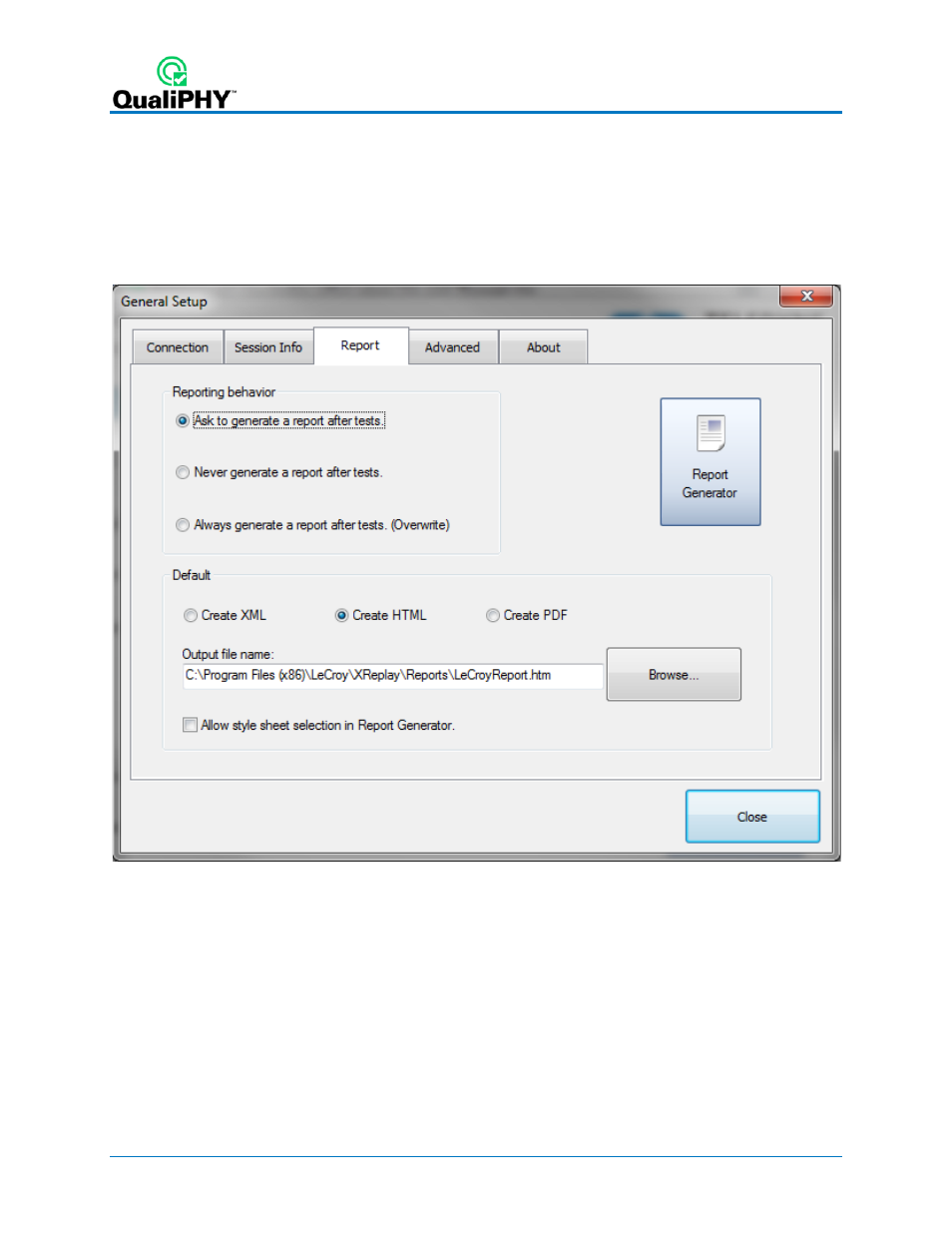 Qualiphy compliance test platform, Figure 1 - report menu in qualiphy general setup | Teledyne LeCroy QPHY-DDR4 User Manual | Page 8 / 73