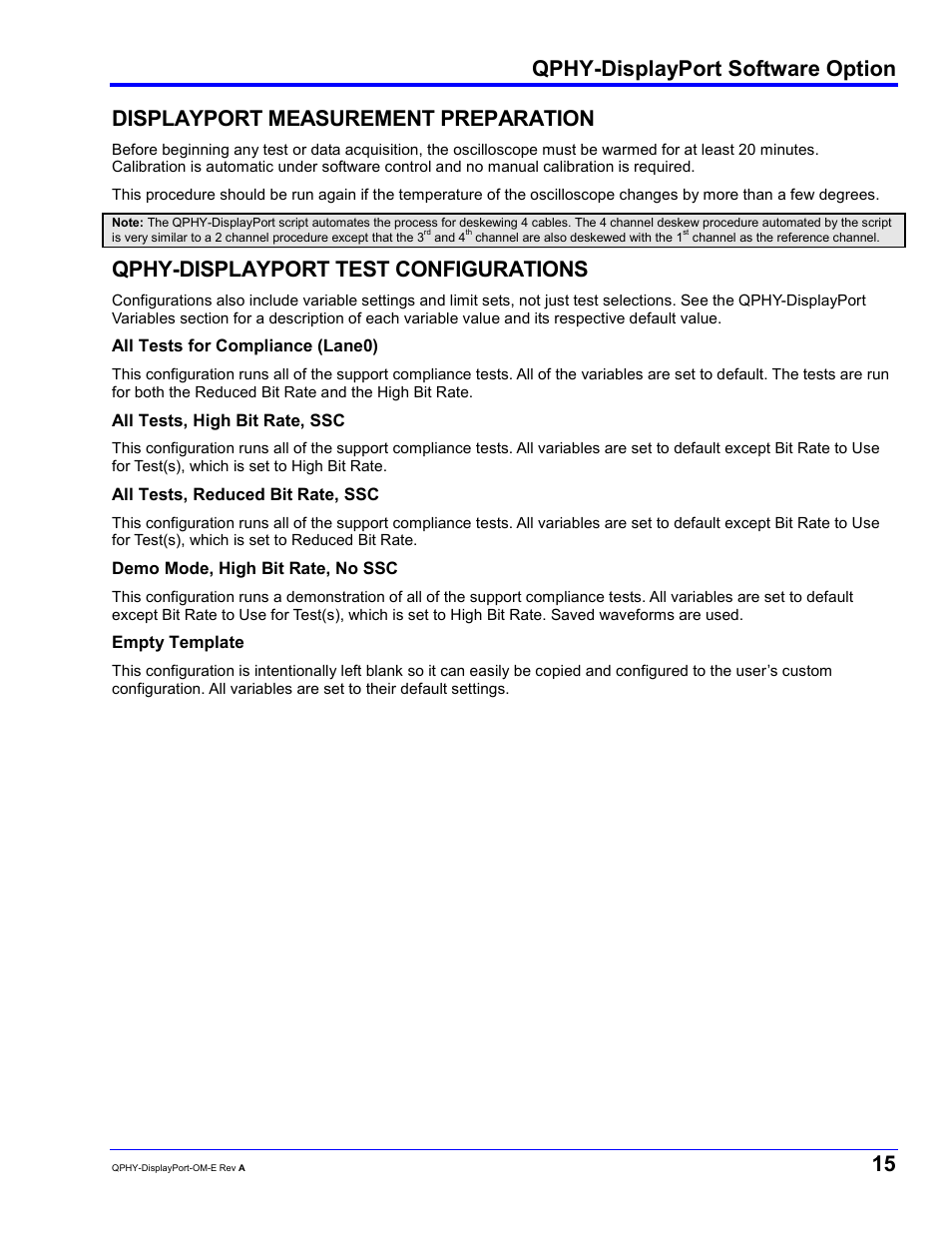 Qphy-displayport software option, Displayport measurement preparation, Qphy-displayport test configurations | Teledyne LeCroy QPHY-DisplayPort User Manual | Page 15 / 19