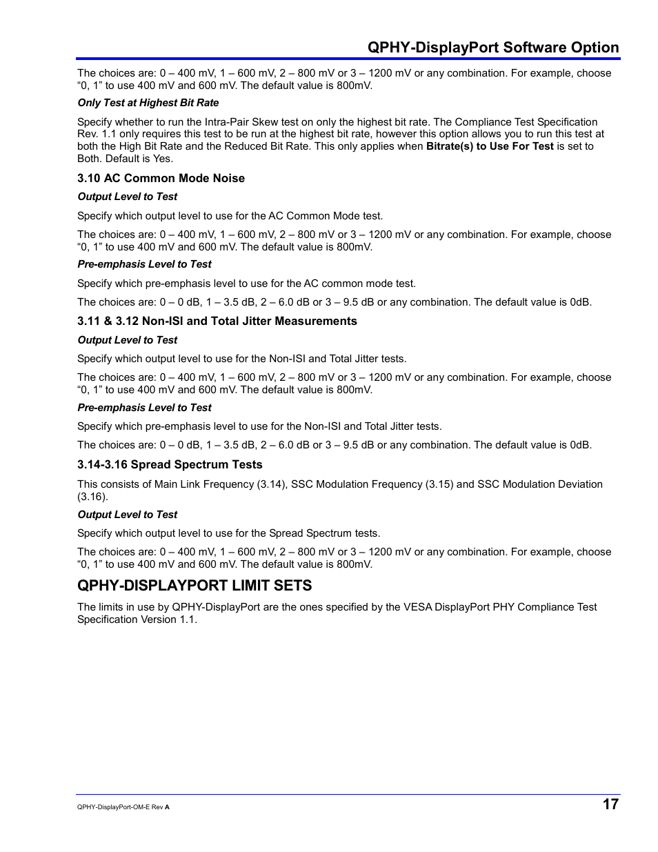 Qphy-displayport software option, Qphy-displayport limit sets | Teledyne LeCroy QPHY-DisplayPort User Manual | Page 17 / 19