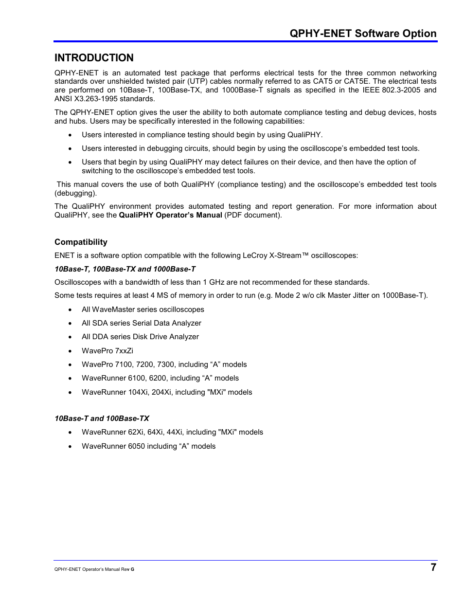 Qphy-enet software option, Introduction | Teledyne LeCroy QPHY-ENET User Manual | Page 7 / 78