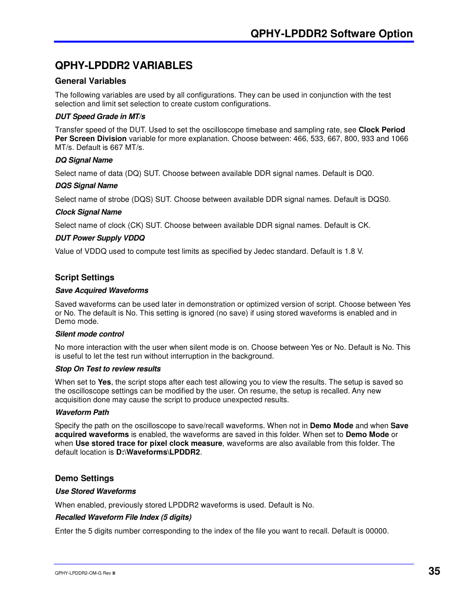 Qphy-lpddr2 software option, Qphy-lpddr2 variables | Teledyne LeCroy QPHY-LPDDR2 User Manual | Page 35 / 49