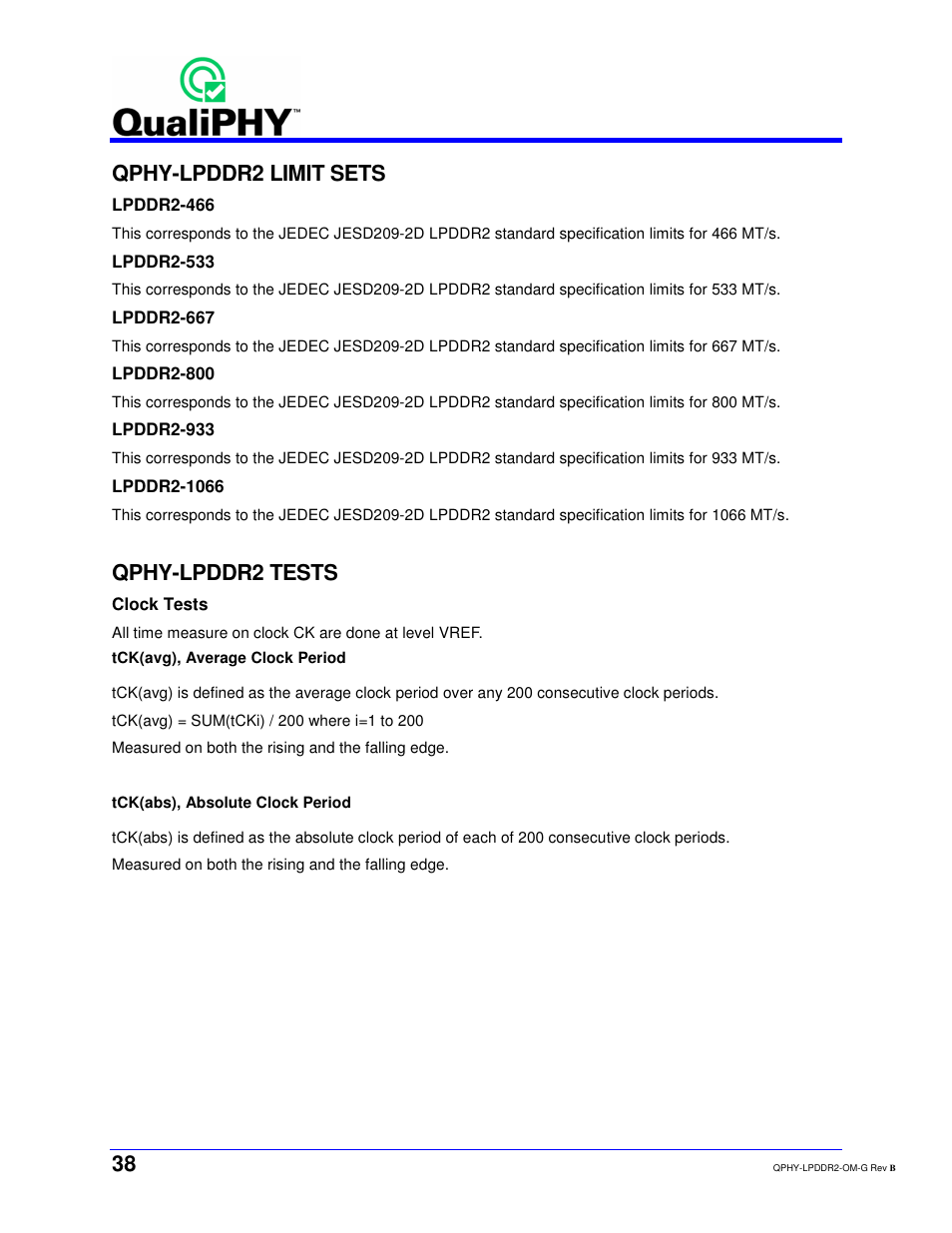 Qphy-lpddr2 limit sets, Qphy-lpddr2 tests | Teledyne LeCroy QPHY-LPDDR2 User Manual | Page 38 / 49