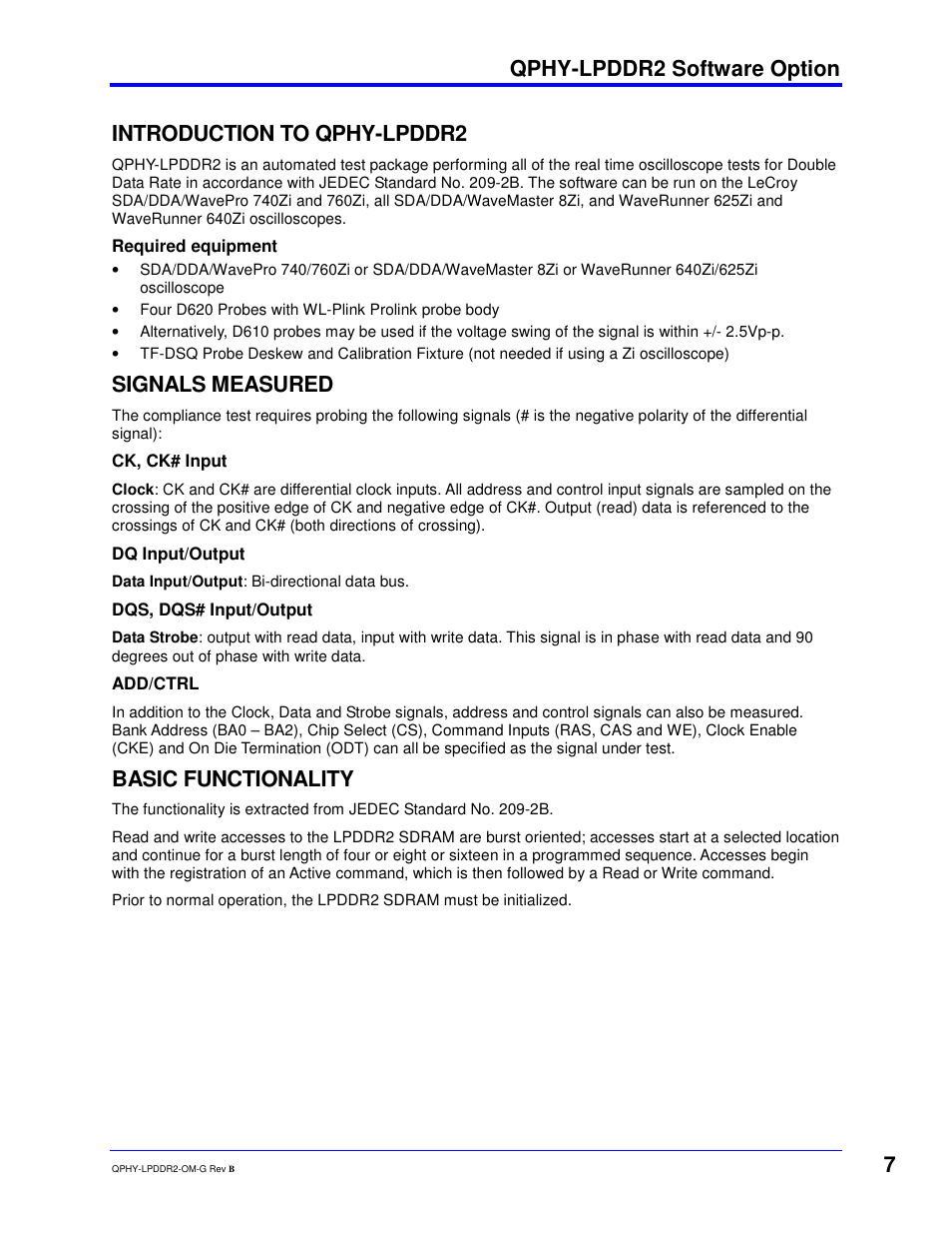Qphy-lpddr2 software option, Introduction to qphy-lpddr2, Signals measured | Basic functionality | Teledyne LeCroy QPHY-LPDDR2 User Manual | Page 7 / 49