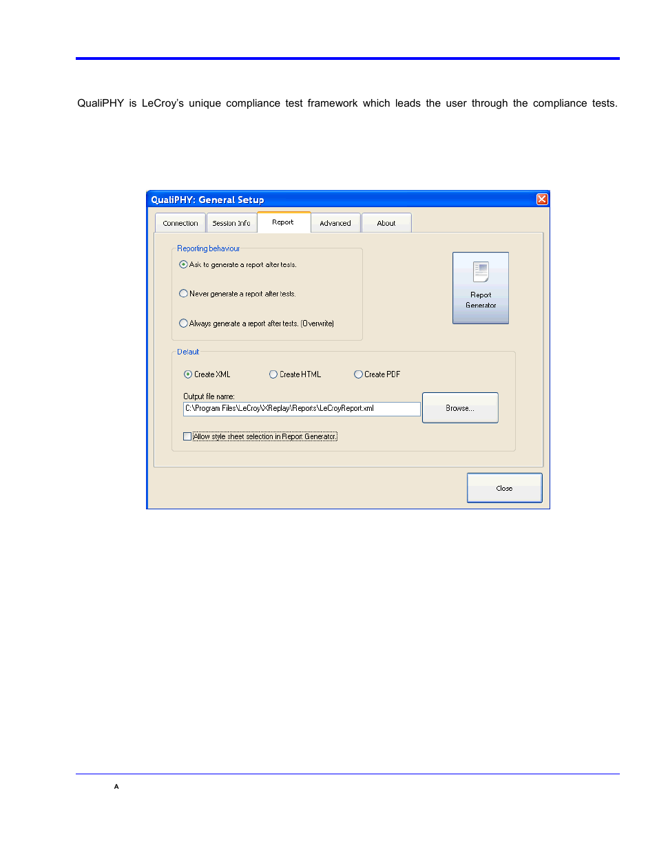 Qualiphy compliance test platform, Figure 1 - report menu in qualiphy general setup, Qphy-sas2 software option | Teledyne LeCroy QPHY-SAS2 User Manual | Page 7 / 45