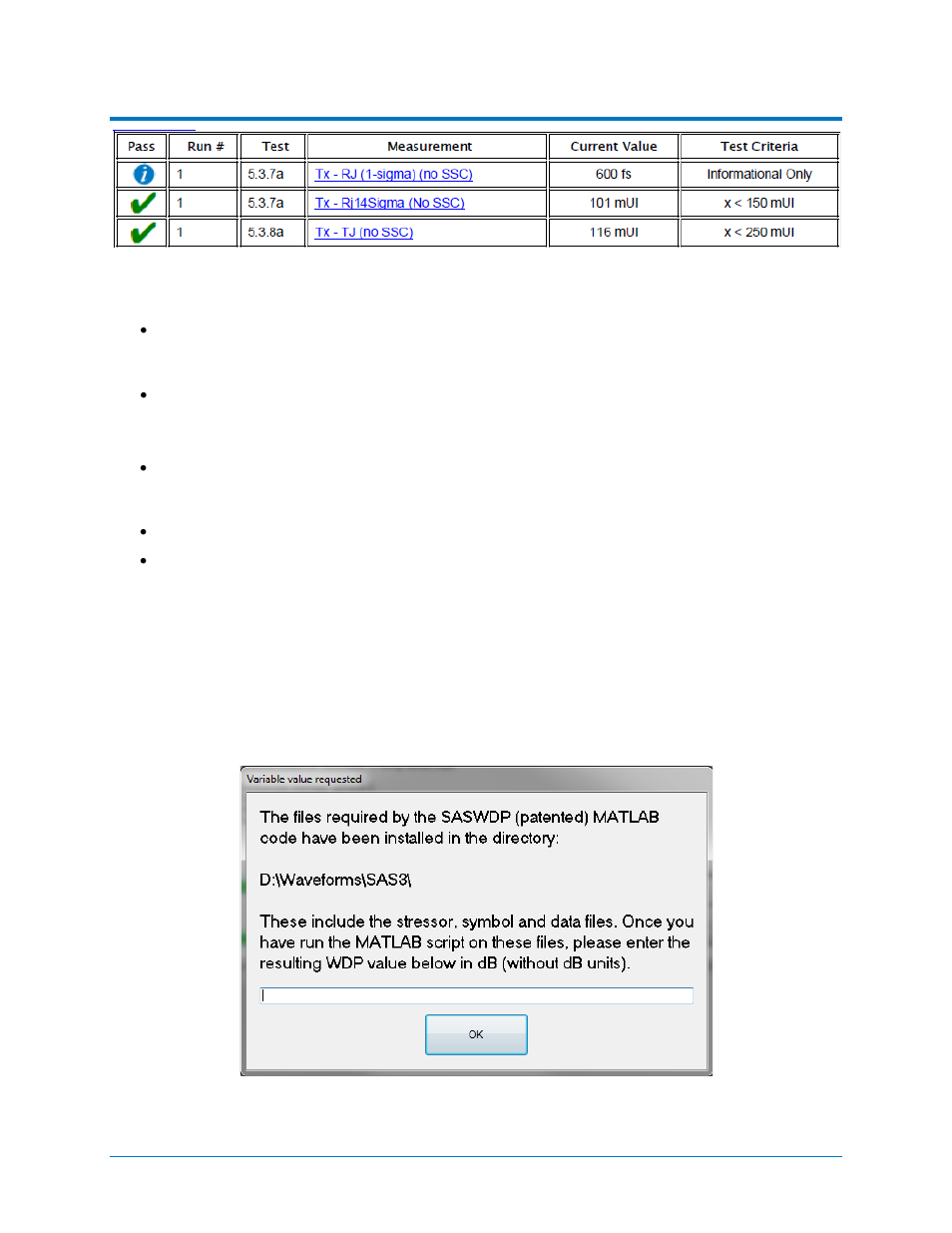 Figure 24 - rj and tj results, Figure 25 - wdp message box, Qphy-sas3 software option | Teledyne LeCroy QPHY-SAS3 User Manual | Page 31 / 50