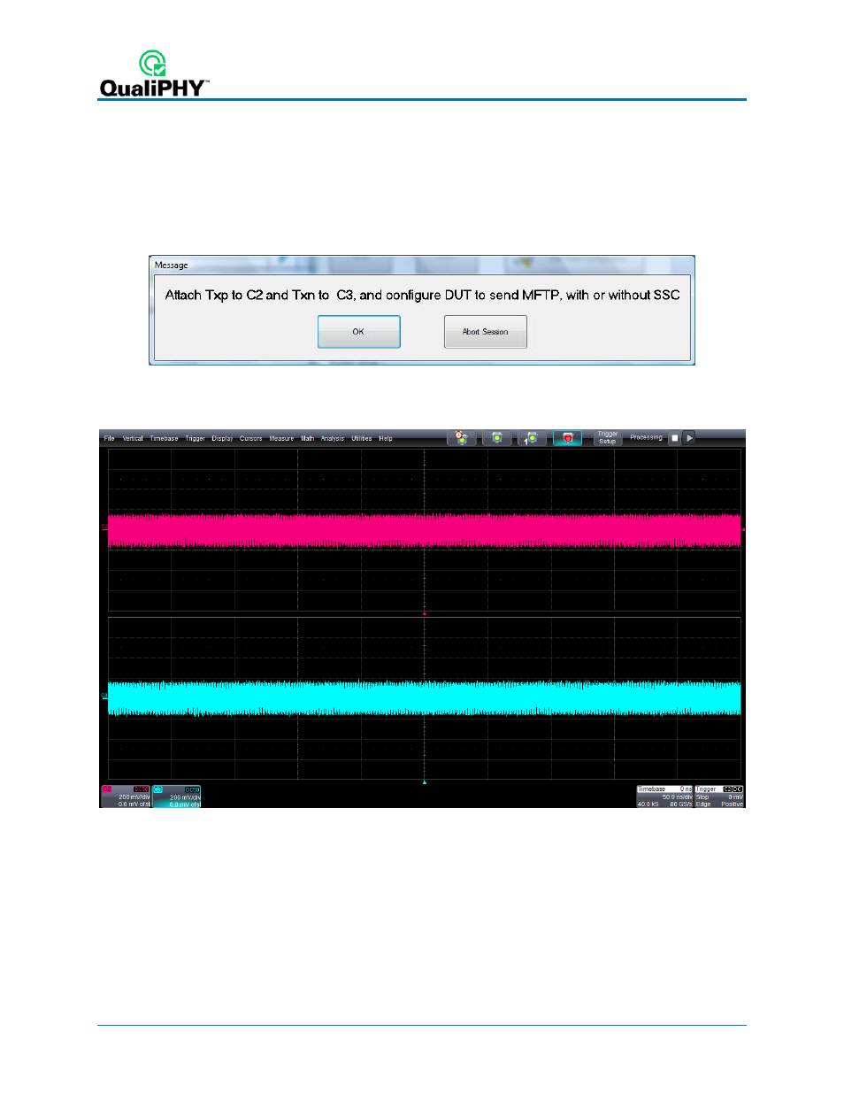 Using mftp from dut, Figure 46 – mftp – step 1 prompt, Figure 47 – mftp – step 1 oscilloscope display | Teledyne LeCroy QPHY-SAS3 User Manual | Page 48 / 50