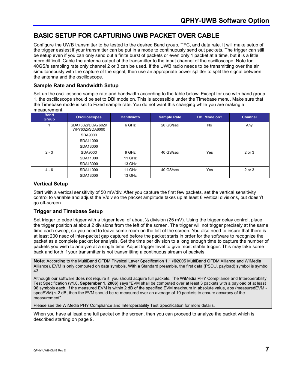 Qphy-uwb software option, Basic setup for capturing uwb packet over cable, Sample rate and bandwidth setup | Vertical setup, Trigger and timebase setup | Teledyne LeCroy QPHY-UWB User Manual | Page 7 / 30
