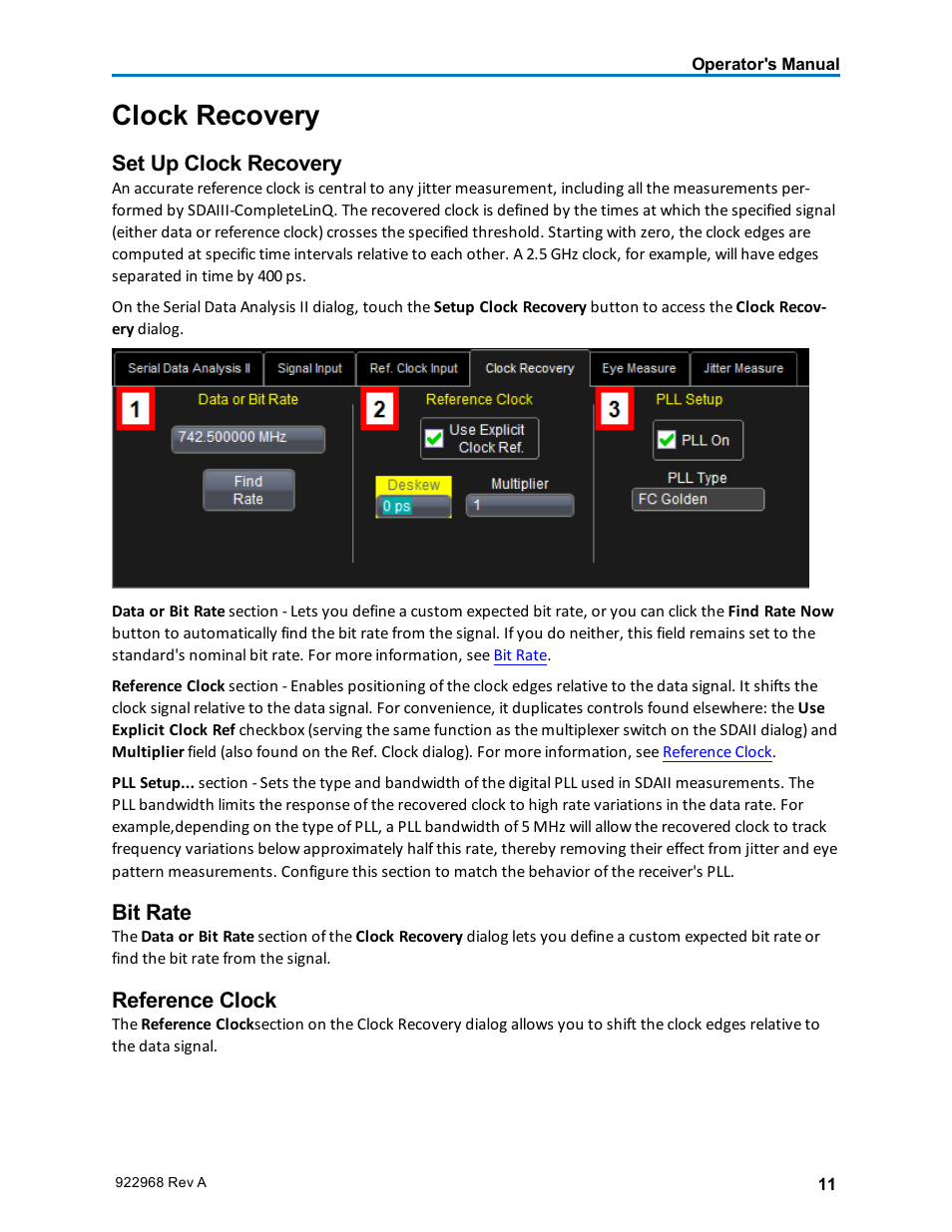 Clock recovery, Set up clock recovery, Bit rate | Reference clock, Setup clock recovery | Teledyne LeCroy SDA II User Manual | Page 13 / 38