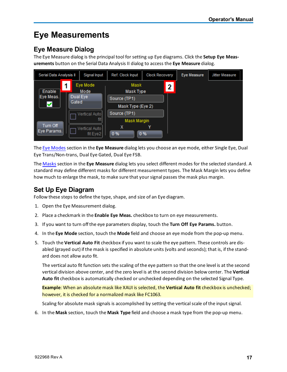 Eye measurements, Eye measure dialog, Set up eye diagram | Setup eye measurements | Teledyne LeCroy SDA II User Manual | Page 19 / 38