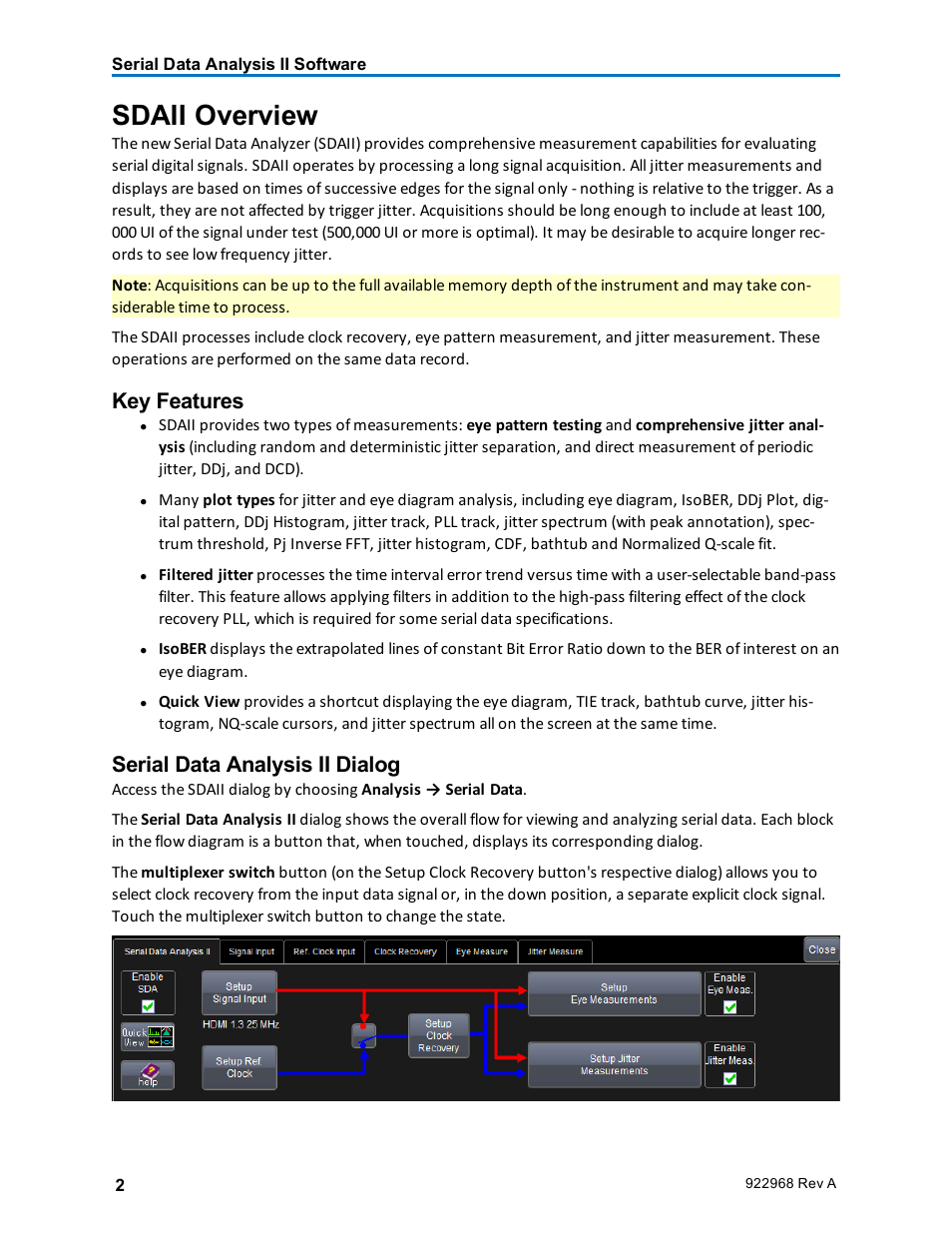 Sdaii overview, Key features, Serial data analysis ii dialog | Teledyne LeCroy SDA II User Manual | Page 4 / 38