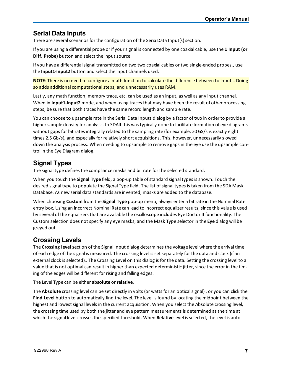 Serial data inputs, Signal types, Crossing levels | Teledyne LeCroy SDA II User Manual | Page 9 / 38