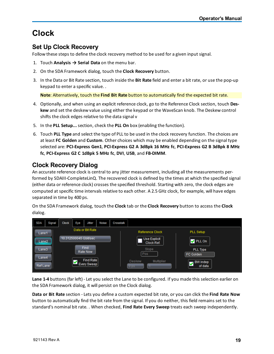 Clock, Set up clock recovery, Clock recovery dialog | Clock recovery | Teledyne LeCroy SDA III-CompleteLinQ User Manual | Page 21 / 59