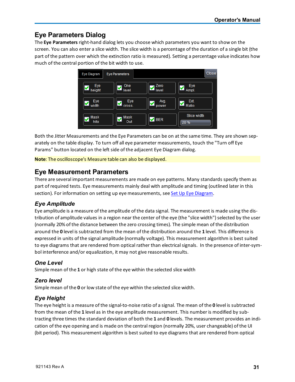 Eye parameters dialog, Eye measurement parameters | Teledyne LeCroy SDA III-CompleteLinQ User Manual | Page 33 / 59
