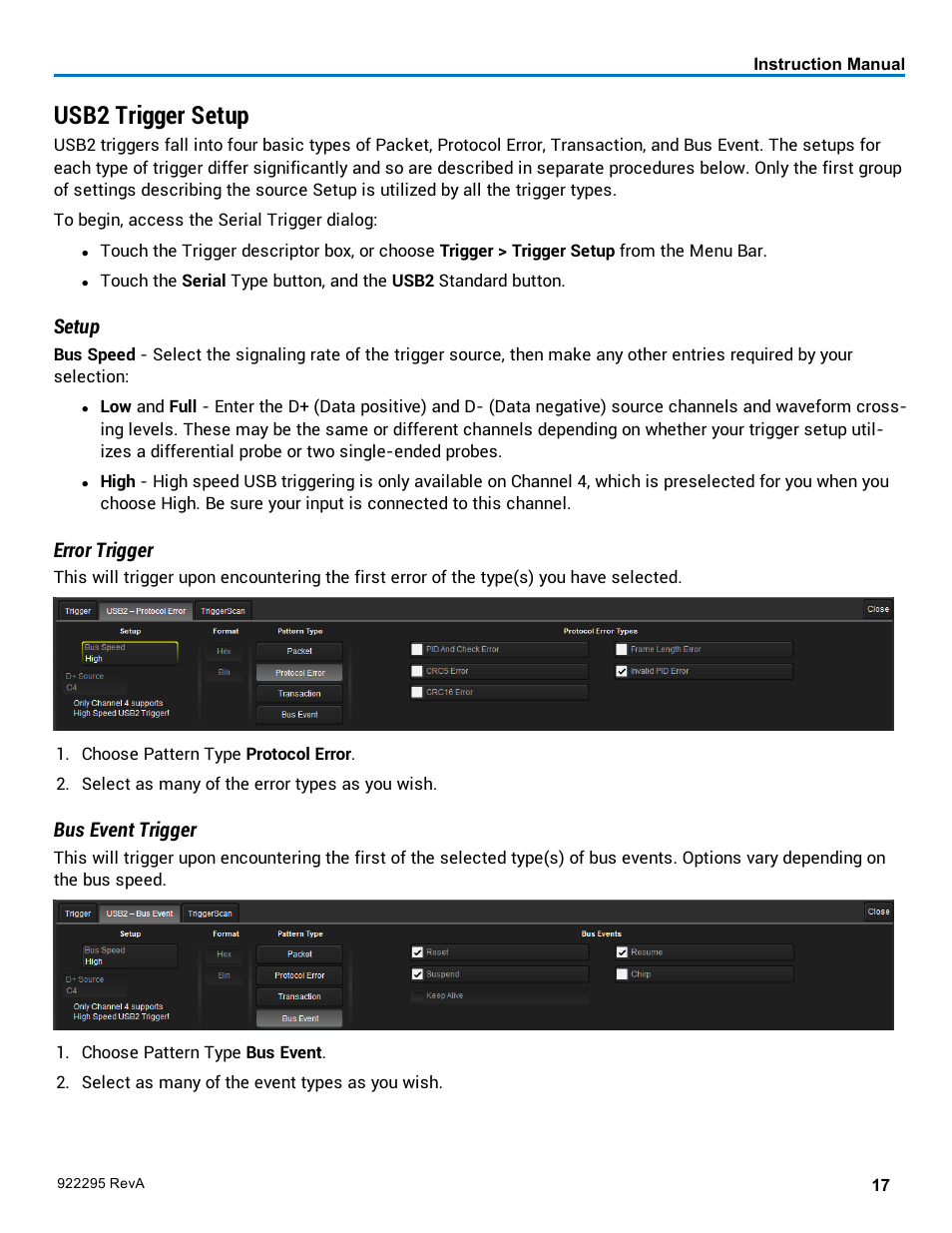 Usb2 trigger setup, Setup, Error trigger | Bus event trigger | Teledyne LeCroy USB2-HSIC Decoder User Manual | Page 19 / 24